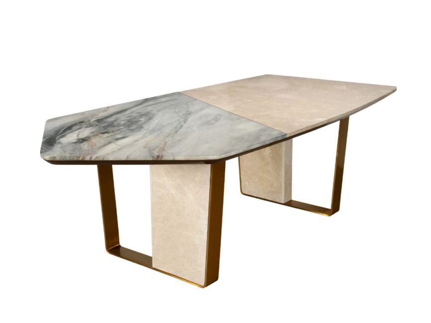 "Modern dining table with angular marble surfaces in beige and grey, supported by gold-toned metal legs."