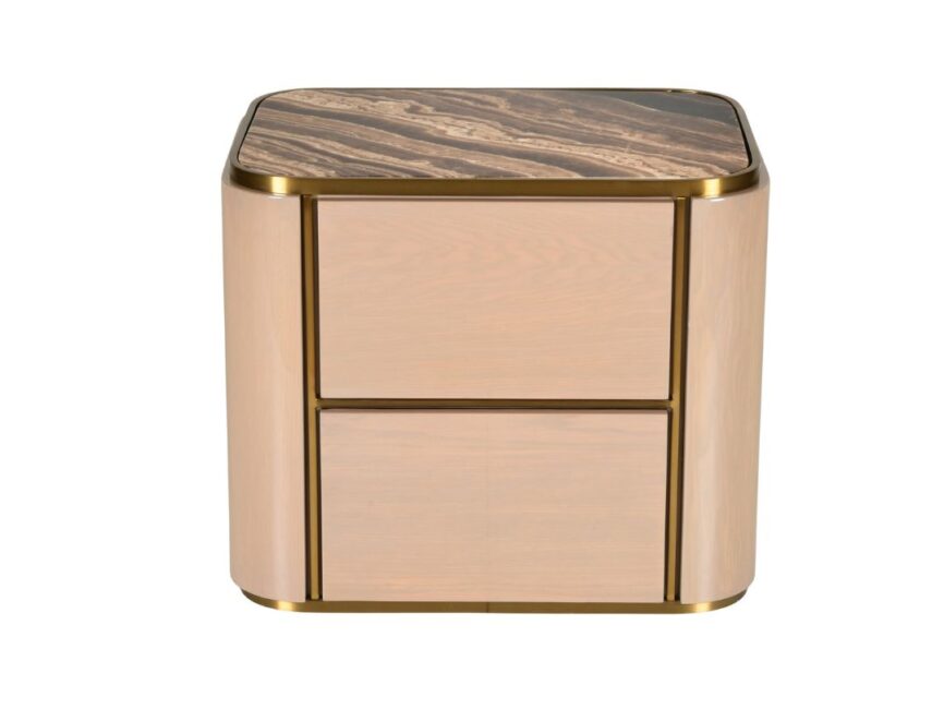 A modern nightstand with a sleek, light wood finish and a rich marble-like top, accented with gold-tone edges and handles.
