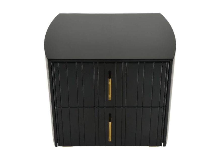 A sleek, modern black cabinet with a curved top and ribbed detailing, featuring gold-toned handles on two drawers.