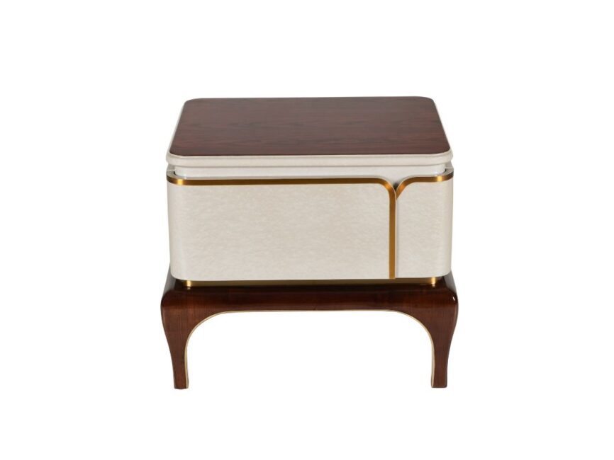 A luxurious nightstand with a wooden top and elegant gold accents, featuring a cream-colored body and delicate curved wooden legs.