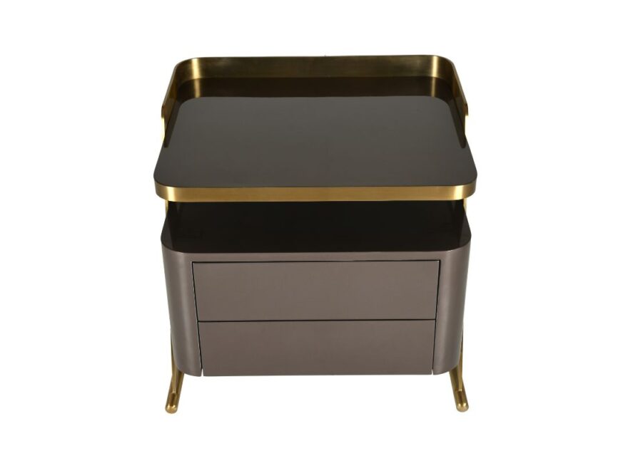 "Stylish nightstand with a glossy black top, gold-tone edges, sleek drawers, and elegant metal legs."