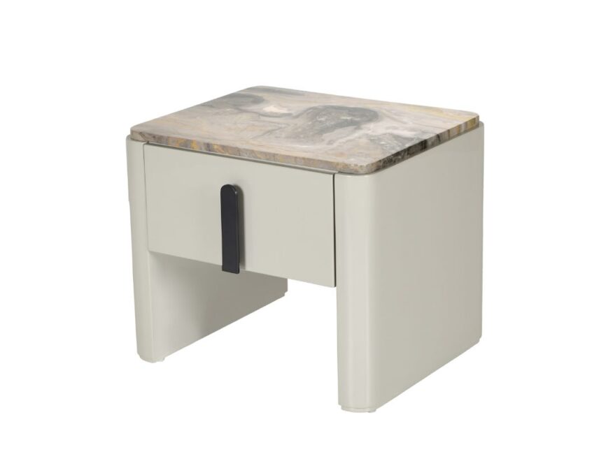 A modern nightstand with a smooth, light-colored base and a marble top, featuring a single drawer with a sleek black handle.